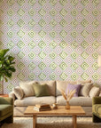 Fern Lattice pastel geometric peel and stick wallpaper in a warm and inviting living room