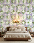 Fern Lattice pastel geometric peel and stick wallpaper adding character to a cozy bedroom