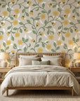 Field Gold yellow botanical peel and stick wallpaper adding character to a cozy bedroom
