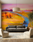 Smooth painterly sunset landscape with golden fields peel and stick wallpaper - Field & Fire