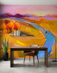 Field & Fire vibrant sunset landscape wallpaper as a feature wall in a bright home office