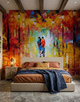 Fire & Rain vibrant impressionist cityscape wallpaper in a warm and inviting living room