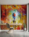 Fire & Rain vibrant impressionist cityscape wallpaper as a feature wall in a bright home office