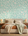 First Bloom aqua floral peel and stick wallpaper adding character to a cozy bedroom