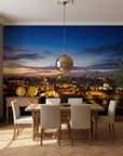 Jerusalem skyline First Light wallpaper mural featuring golden city lights beneath dramatic blue and orange sunset sky