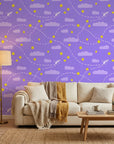 Flight Dreams purple paper airplane and star wallpaper in a warm and inviting living room