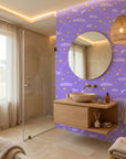 Flight Dreams purple paper airplane and star wallpaper creating ambiance in a serene bathroom