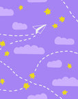 Purple paper airplane and yellow star peel and stick wallpaper - Flight Dreams