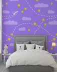 Whimsical pattern of violet folded paper planes and golden stars on self-adhesive wallpaper - Flight Dreams