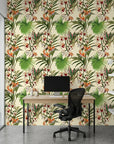 Flora Chroma colorful botanical wallpaper as a feature wall in a bright home office