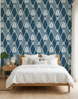 Floral Fantasia navy blue botanical diamond lattice wallpaper adding character to a cozy bedroom
