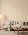 Fluid Grain abstract wood pattern wallpaper in a warm and inviting living room