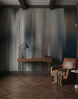 Fluid Form blue grey abstract motion as a feature wall in a bright home office