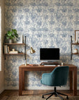 Fog Garden removable wallpaper with blue botanical motifs in modern home office setting
