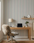 Fog & Stone neutral striped peel and stick wallpaper as a feature wall in a bright home office