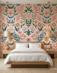 Folk Bloom cheerful floral wallpaper adding character to a cozy bedroom