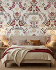 Folk Garden removable wallpaper with burgundy birds and beige florals on modern bedroom accent wall