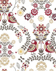 Folk Garden wallpaper with burgundy birds, taupe florals, and folk art motifs on cream background