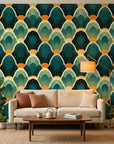 Forest Cathedral dramatic green and gold layered leaf wallpaper creating ambiance in a serene bathroom
