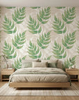 Forest Floor green botanical peel and stick wallpaper adding character to a cozy bedroom