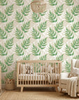 Forest Floor green botanical peel and stick wallpaper bringing warmth to a peaceful nursery