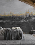 Gray and gold abstract Forest Gold wallpaper mural on modern bedroom accent wall with textured brushstroke design
