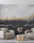 Abstract Forest Gold wallpaper mural with gold leaf accents over charcoal landscape in modern living room