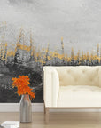Gray and gold Forest Gold abstract wallpaper with distressed paint effect in modern living room