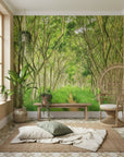 Forest passage looking down tree-lined avenue with soft illumination peel and stick wallpaper