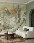 Vintage forest landscape mural wallpaper featuring sepia trees and pathway in classic living room