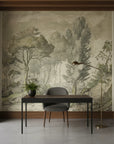 Vintage Forest Stream mural wallpaper featuring sepia-toned trees in classical landscape style office setting