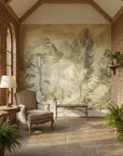 Sage green Forest Stream wallpaper mural with vintage trees in sunlit conservatory with exposed brick walls