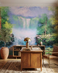 Forest Veil lush green waterfall landscape wallpaper as a feature wall in a bright home office