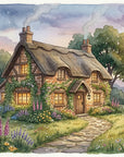 Whimsical Foxglove Cottage wallpaper with thatched roof home, garden flowers, and twilight sky in watercolor style