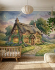 Watercolor Foxglove Cottage wallpaper mural featuring thatched-roof house with garden path under twilight sky