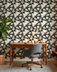 Fractured Light black and grey geometric shard wallpaper as a feature wall in a bright home office
