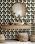 Modern geometric wallpaper featuring grey and beige triangles, peel and stick application, titled Fractured Light