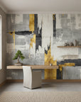 Fractured Gold charcoal and gold abstract as a feature wall in a bright home office