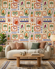 Framed Bloom gallery floral wallpaper as a feature wall in a bright home office