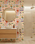 Framed Bloom gallery floral wallpaper creating ambiance in a serene bathroom