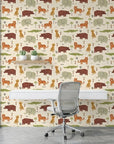 Friendly Roar beige jungle animal safari wallpaper as a feature wall in a bright home office