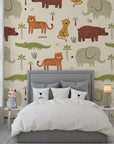 Adorable jungle creatures on a neutral beige self-adhesive wallpaper for nurseries - Friendly Roar