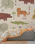 Self-adhesive nursery wall mural featuring hand-drawn safari animals in soft tan hues - Friendly Roar