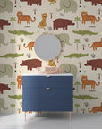 Neutral-toned removable wallpaper displaying a playful collection of illustrated jungle wildlife - Friendly Roar