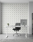 Frost Mosaic soft grey geometric tile wallpaper as a feature wall in a bright home office