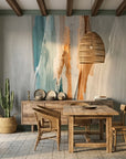 Frost & Copper soft abstract brushstroke wallpaper as a feature wall in a bright home office