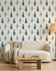 Frosted Woods sage green watercolor pine tree wallpaper in a warm and inviting living room