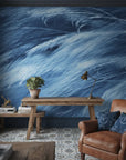 Frozen Current icy blue abstract motion creating ambiance in a serene bathroom