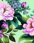 Watercolor Full Bloom wallpaper with pink peonies and purple florals on mint green background