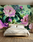 Pink and purple Full Bloom floral wallpaper with emerald leaves on mint background in elegant bedroom setting